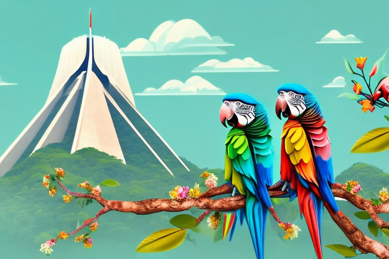 Two parrots sitting on a branch with one parrot offering a flower to the other