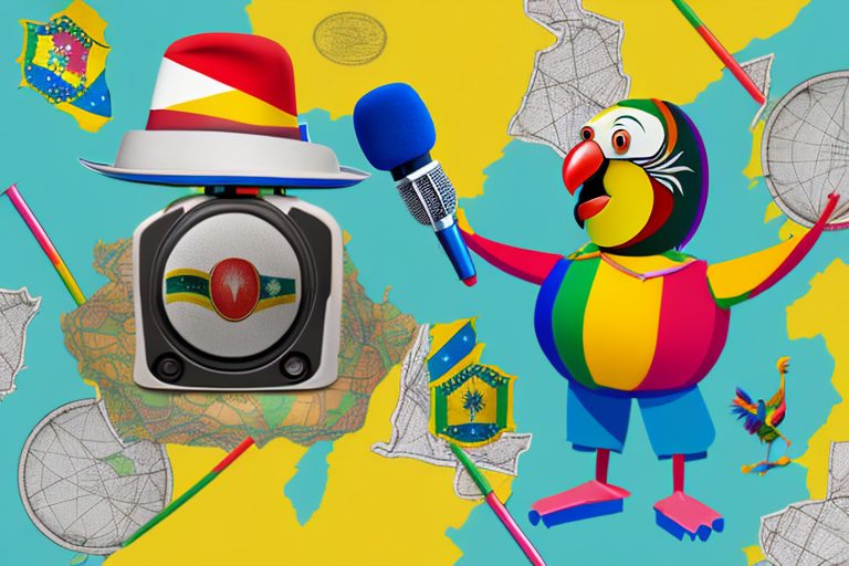 A parrot with a microphone standing on a map of brazil