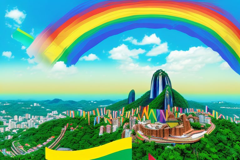 A vibrant brazilian landscape with a rainbow arching over landmarks like the christ the redeemer statue and sugarloaf mountain