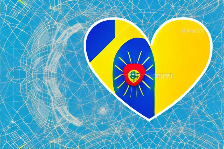 A heart-shaped icon interweaved with the brazilian flag and a romantic scene of rio de janeiro in the background