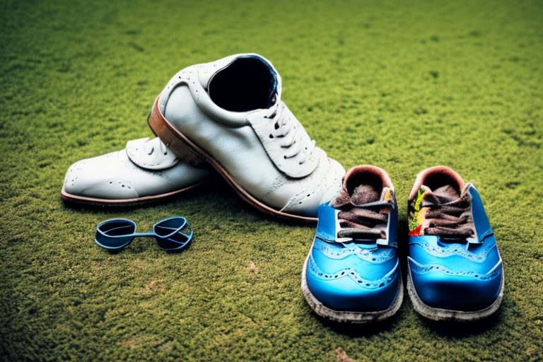 A pair of worn-out men's shoes next to a small pair of children's shoes