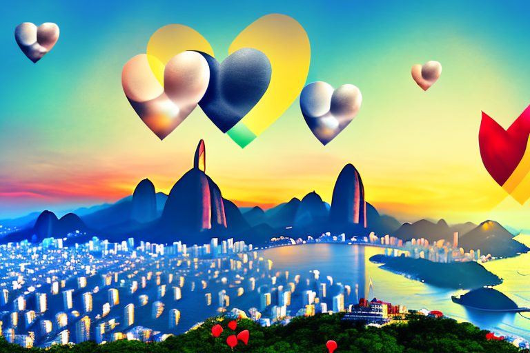 A romantic sunset over rio de janeiro's skyline with iconic landmarks like sugarloaf mountain and christ the redeemer