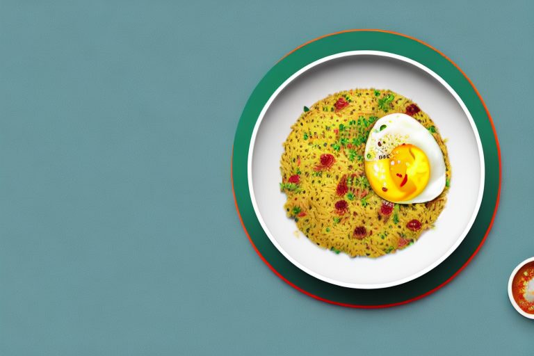 A bowl of poha (an indian breakfast dish made from flattened rice) with a portuguese flag in the background