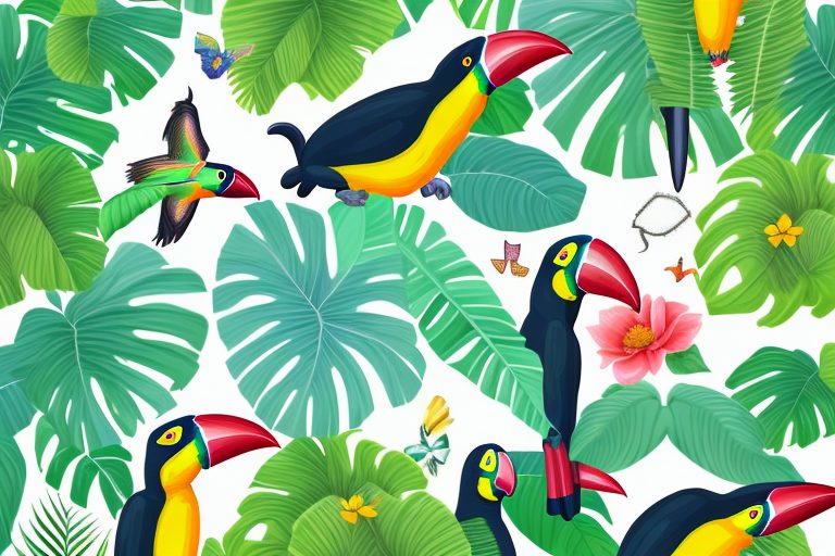 A charming brazilian landscape with adorable animals like toucans