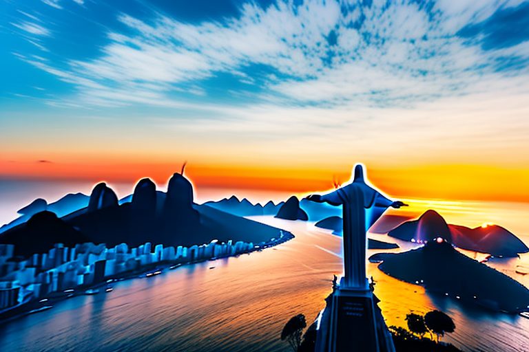 A sunset over the iconic christ the redeemer statue in rio de janeiro