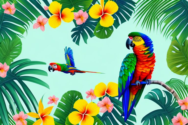 A scenic brazilian landscape with vibrant tropical flowers and a parrot