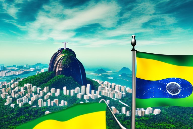 The brazilian flag with iconic brazilian landmarks like christ the redeemer and sugarloaf mountain in the background