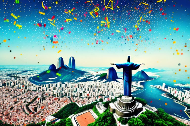 The iconic christ the redeemer statue with colorful confetti falling from the sky