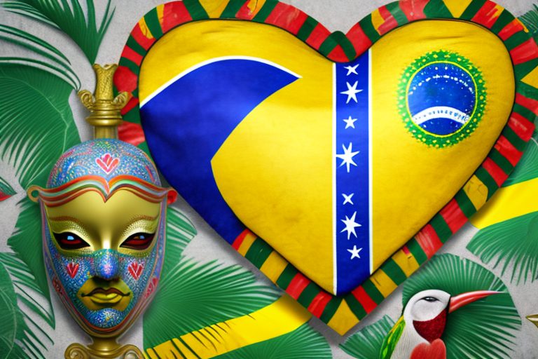 A heart-shaped brazilian flag surrounded by symbolic elements of brazil like the christ the redeemer statue