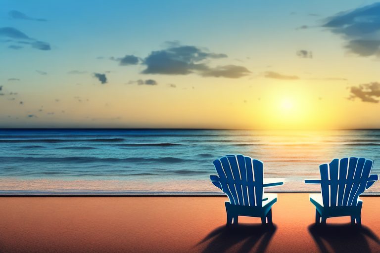 A sunset over a brazilian beach with two empty chairs facing the ocean