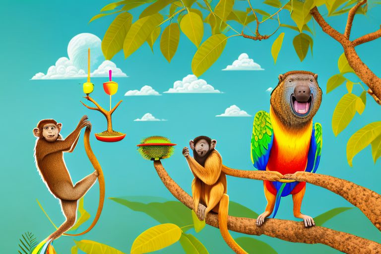 A vibrant brazilian landscape with a laughing parrot perched on a tree branch