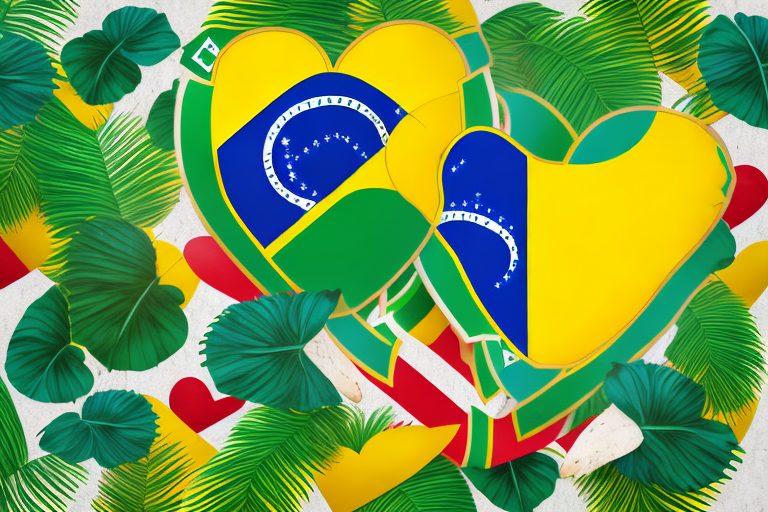 A heart-shaped brazilian flag with a pair of tropical parrots perched on it