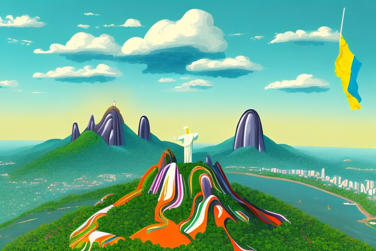 A colorful landscape featuring iconic brazilian landmarks such as the christ the redeemer statue