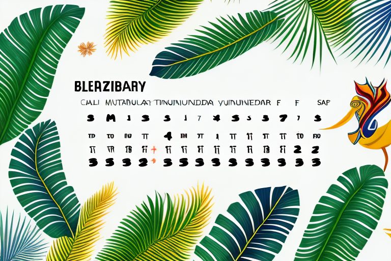 A calendar with brazilian cultural symbols and tropical elements representing different seasons