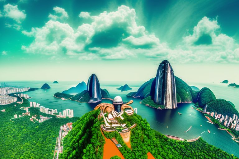 A lush brazilian landscape with iconic landmarks like the christ the redeemer statue and sugarloaf mountain