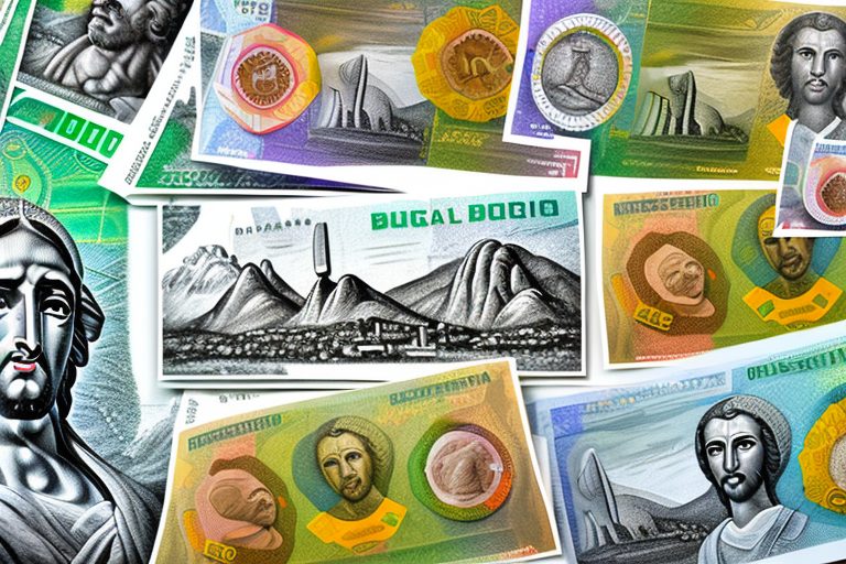 Various brazilian currency notes and coins