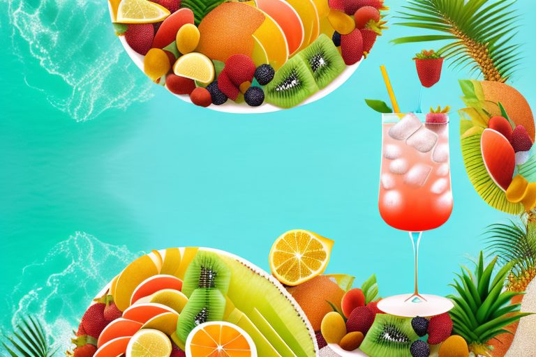 A brazilian beach scene with a delicious-looking tropical fruit platter and a refreshing drink