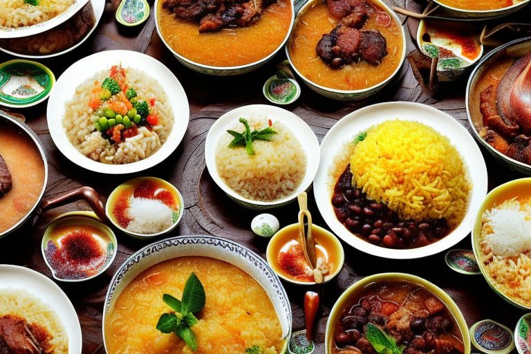 A traditional brazilian kitchen table adorned with various portuguese dishes where rice plays a central role