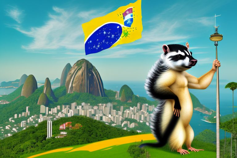 A skunk surrounded by various iconic brazilian symbols