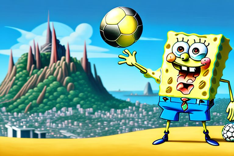 Spongebob squarepants joyfully playing with a soccer ball