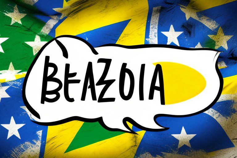 A brazilian flag in the background with a speech bubble containing a thumbs-up symbol