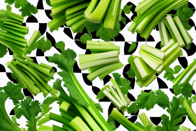 A bunch of fresh celery stalks with a brazilian flag in the background