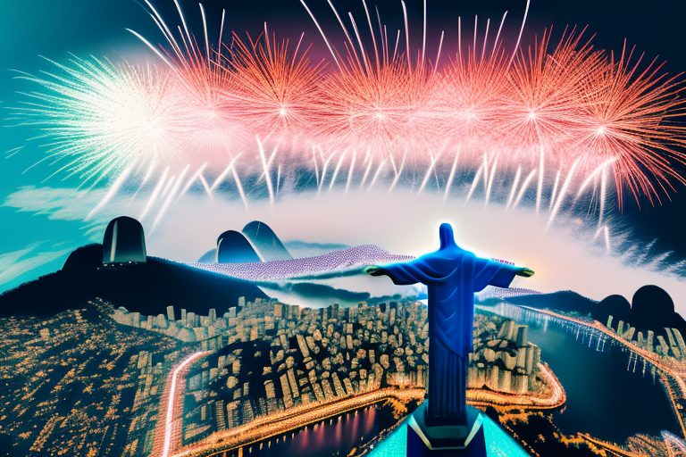 The iconic christ the redeemer statue with fireworks exploding in the background