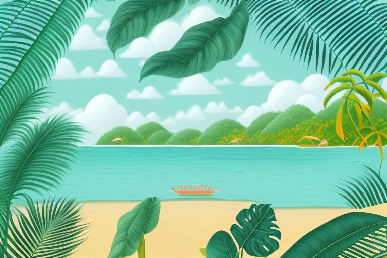 A serene brazilian landscape with vibrant tropical plants and a sunny beach