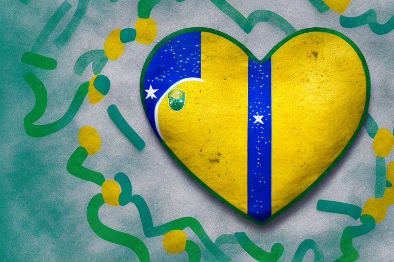 A heart-shaped brazilian flag intertwined with iconic brazilian symbols like the christ the redeemer statue