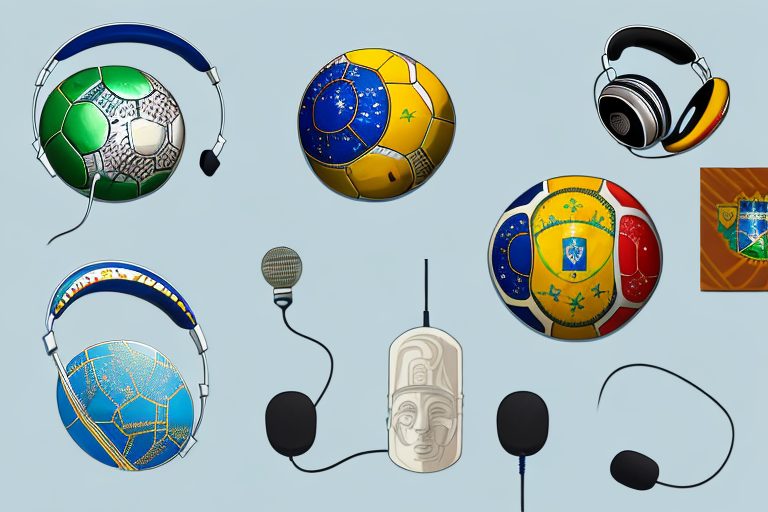A pair of headphones draped over a stylized map of brazil