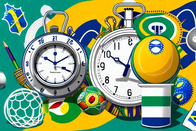 A stopwatch surrounded by brazilian cultural symbols like the christ the redeemer statue