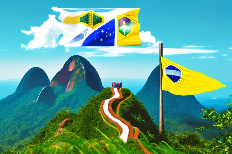 A steep mountain path with the brazilian flag at the peak