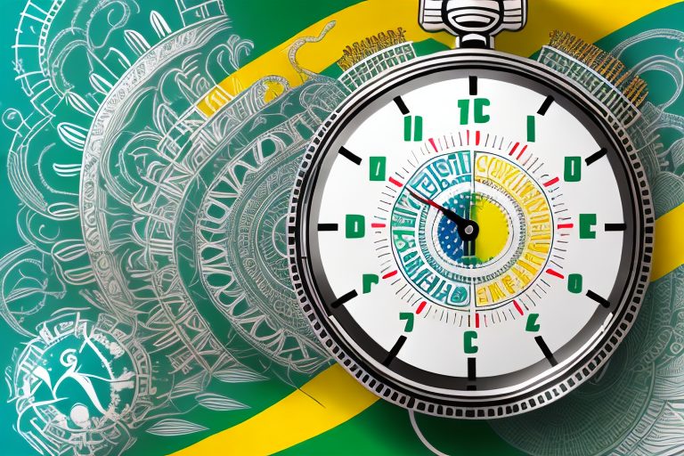 A stopwatch surrounded by brazilian cultural symbols like the christ the redeemer statue