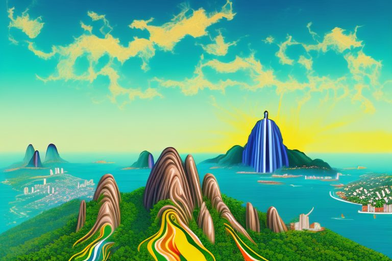 A vibrant brazilian landscape with iconic landmarks like the christ the redeemer statue and the sugarloaf mountain