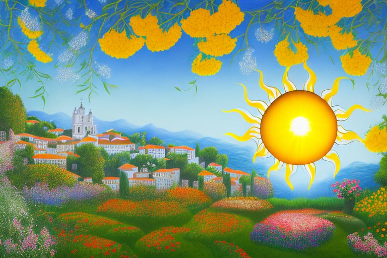 A scenic view of portugal with a radiant sun shining over a beautiful garden filled with various flowers