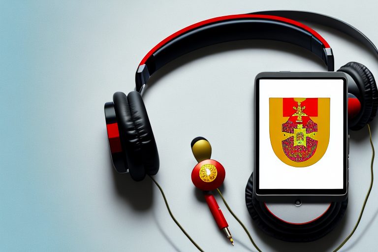 A portuguese flag intertwined with a book and headphones