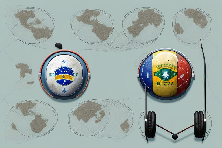 A pair of headphones draped over a stylized map of brazil