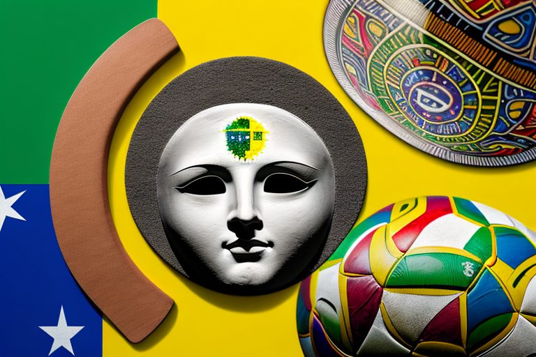 A rosetta stone disc surrounded by various brazilian culture symbols like the christ the redeemer statue