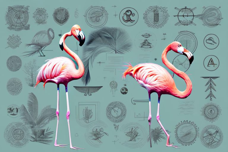 A flamingo interacting with various symbols and icons