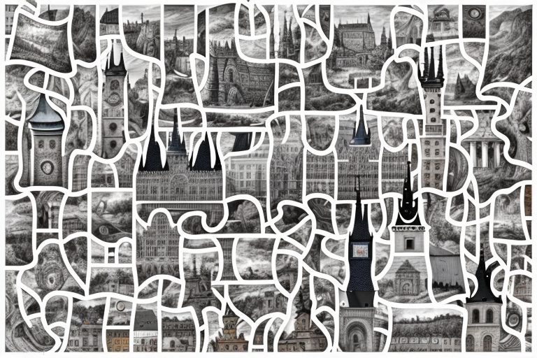 A jigsaw puzzle with pieces shaped like various iconic czech landmarks