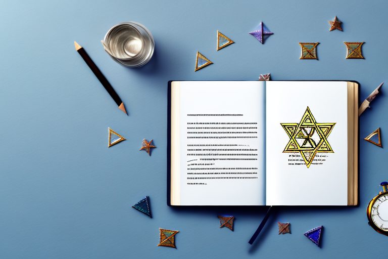 A stack of books with a star of david bookmark