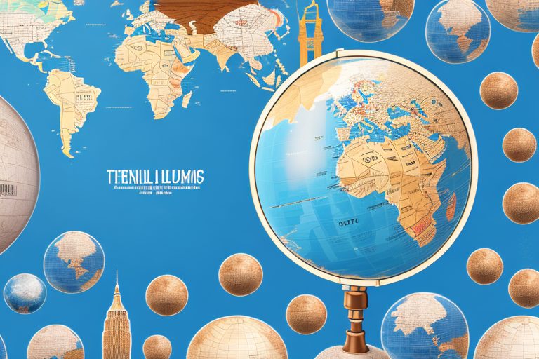 A globe with various iconic landmarks from different countries