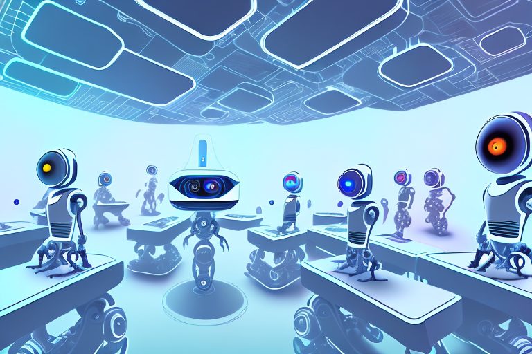 A futuristic classroom with ai robots