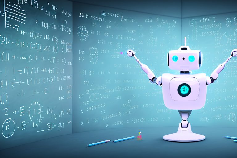 A digital classroom with an ai robot at the chalkboard solving complex math problems