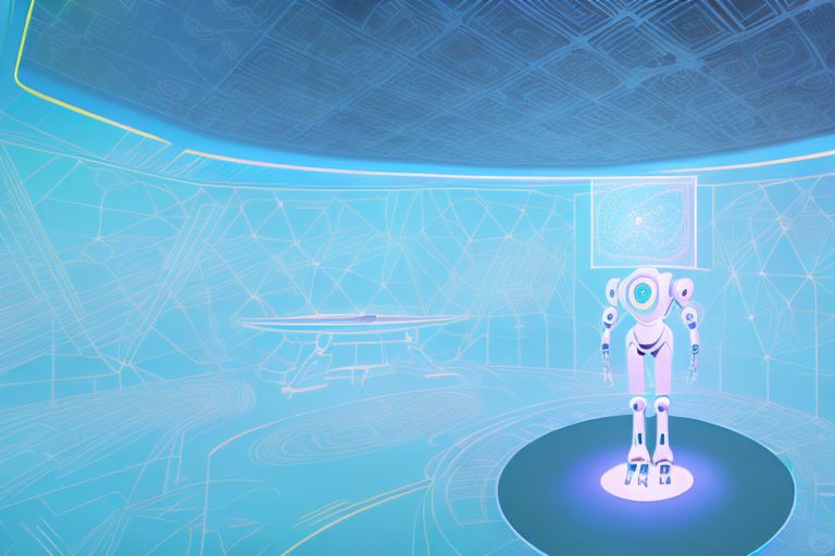 A futuristic classroom setting with an ai robot in the form of a book