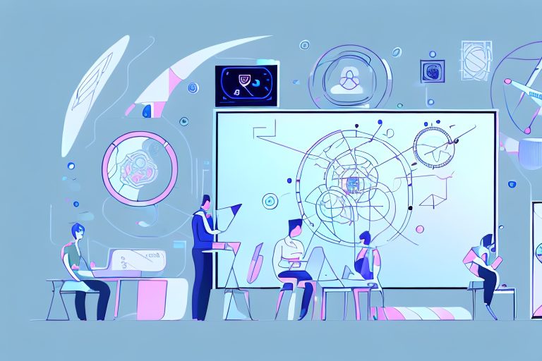 A futuristic classroom setting with ai-powered devices and digital screens