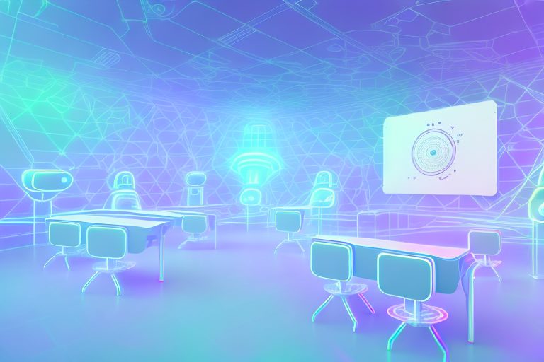 A futuristic classroom setting filled with advanced technology like holographic screens and ai robots