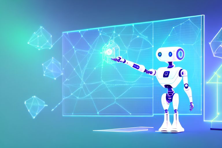 A futuristic ai robot tutoring on a holographic screen displaying various economic graphs and charts