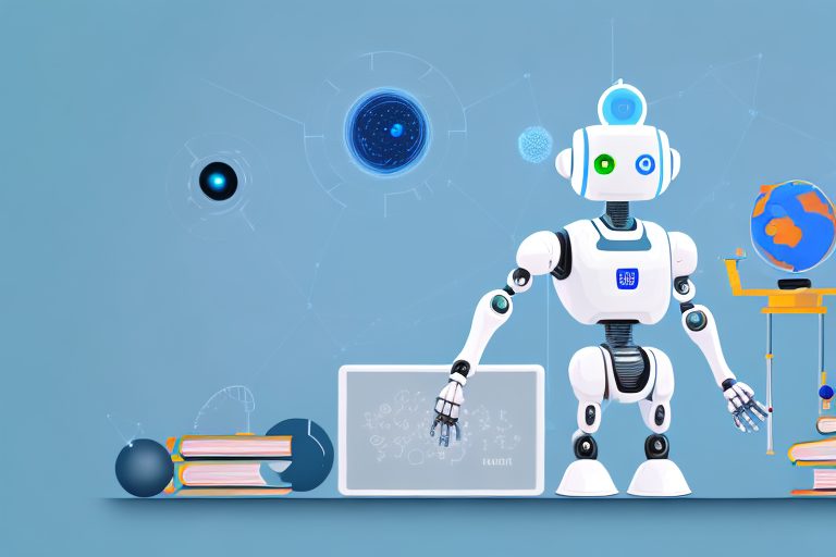 A futuristic ai robot surrounded by educational tools like books