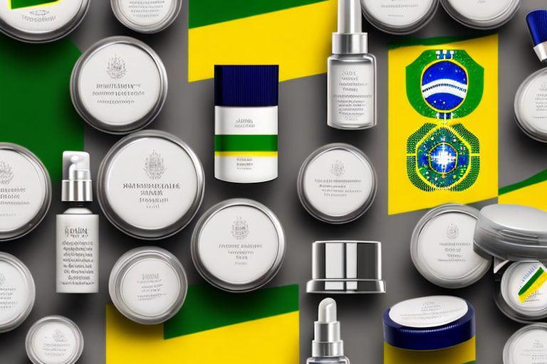 A collection of skincare products with a brazilian flag in the background